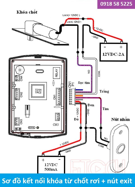 Sơ đồ kết nối khóa từ chốt rơi + nút exit đầu đọc soyal AR-721H